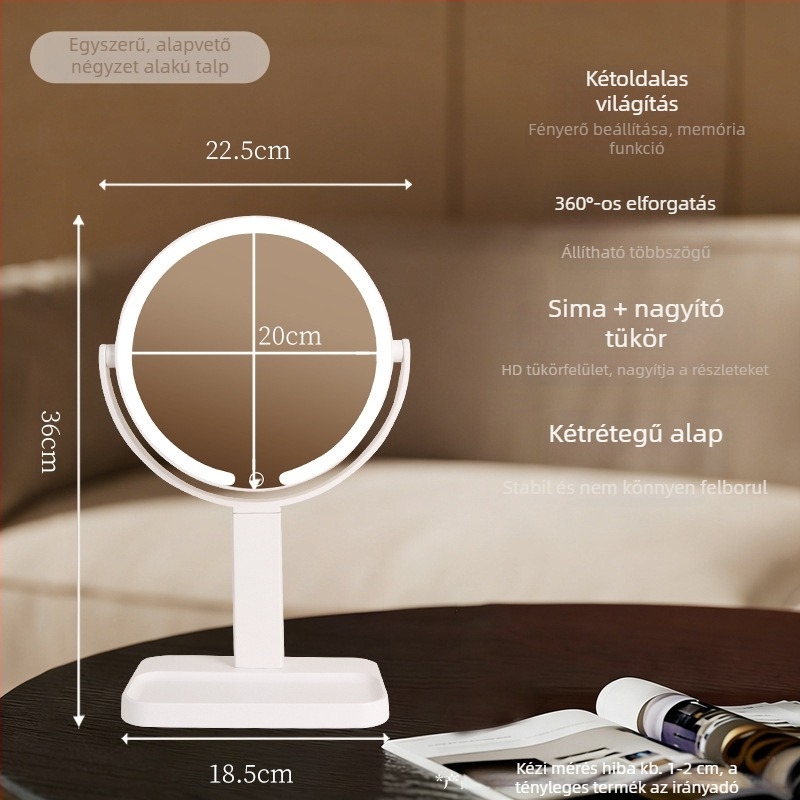 Kétoldalas LED sminktükör 10× nagyítással, 360° megvilágítás, HD fürdőszobai tükör