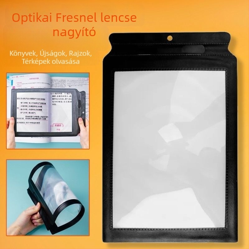 Kézben tartható olvasó nagyító fekete kerettel, A4 méretű, ultra vékony PVC, sík teljes oldalas nagyítás, 3× nagyítás