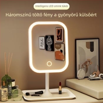 LED sminktükr világítással, asztali használatra, ABS keret, üveglencse, USB töltés