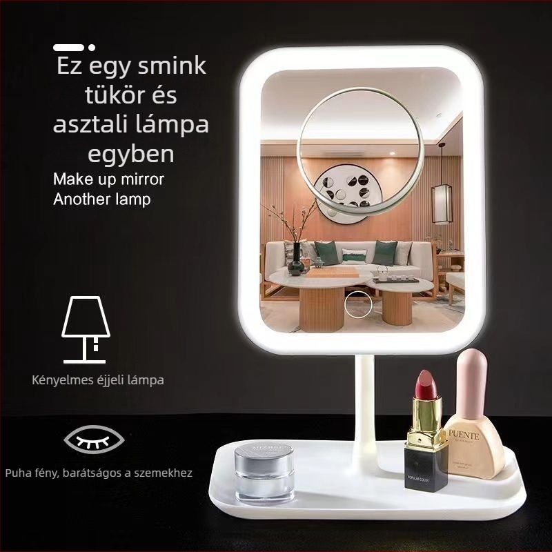 LED sminktükr világítással, asztali használatra, ABS keret, üveglencse, USB töltés