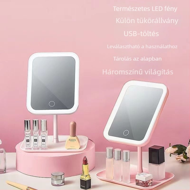 LED sminktükr világítással, asztali használatra, ABS keret, üveglencse, USB töltés