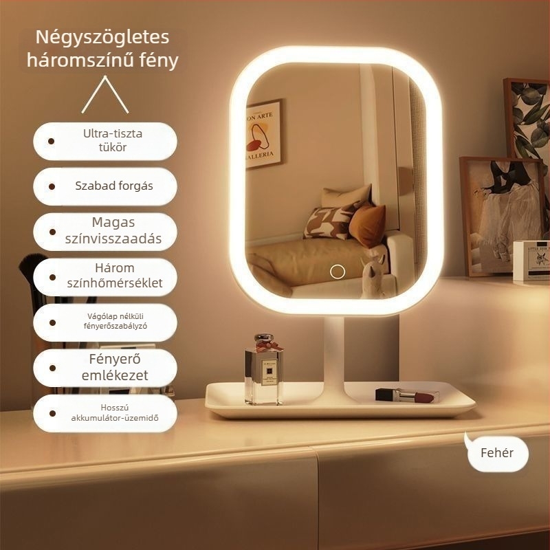 LED sminktükr világítással, asztali használatra, ABS keret, üveglencse, USB töltés