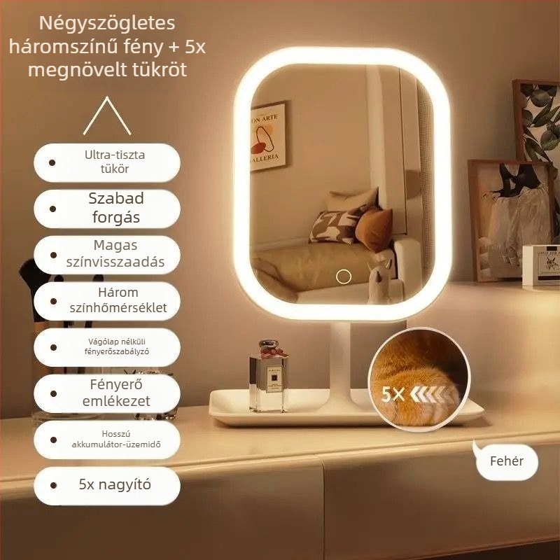 LED sminktükr világítással, asztali használatra, ABS keret, üveglencse, USB töltés