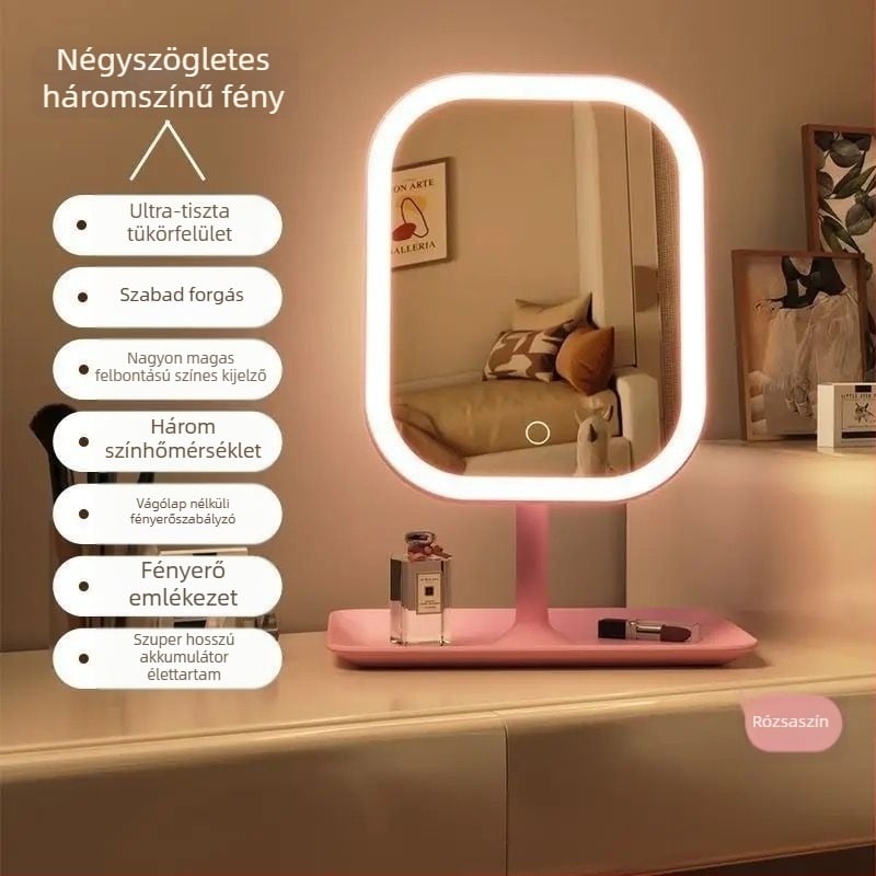 LED sminktükr világítással, asztali használatra, ABS keret, üveglencse, USB töltés