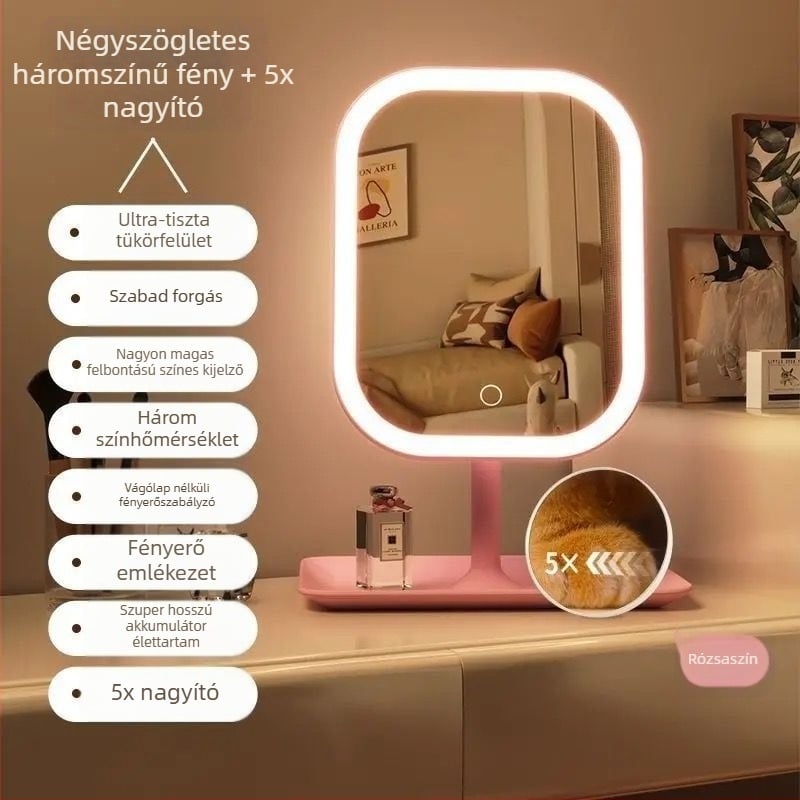 LED sminktükr világítással, asztali használatra, ABS keret, üveglencse, USB töltés