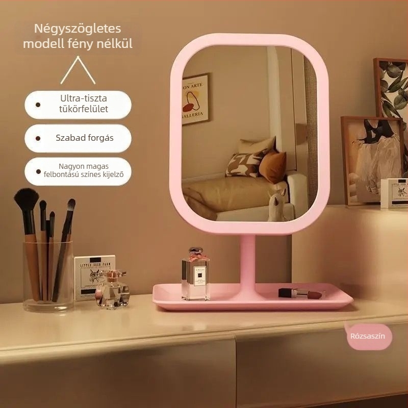 LED sminktükr világítással, asztali használatra, ABS keret, üveglencse, USB töltés