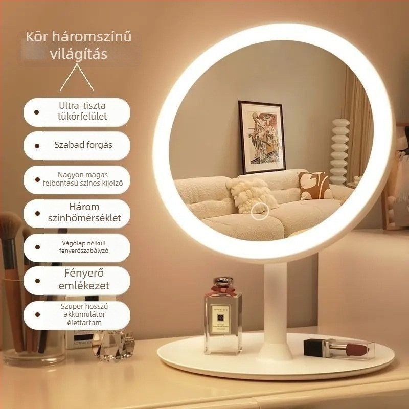 LED sminktükr világítással, asztali használatra, ABS keret, üveglencse, USB töltés