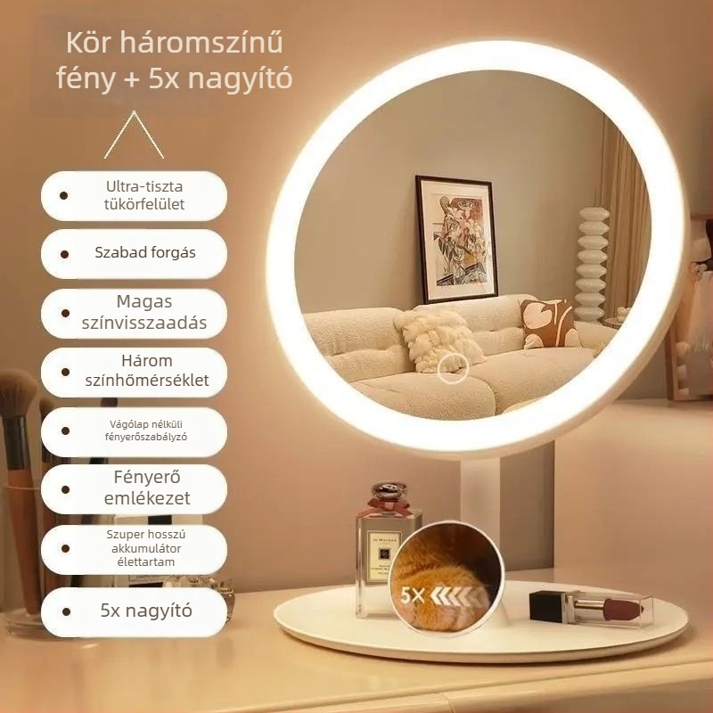 LED sminktükr világítással, asztali használatra, ABS keret, üveglencse, USB töltés