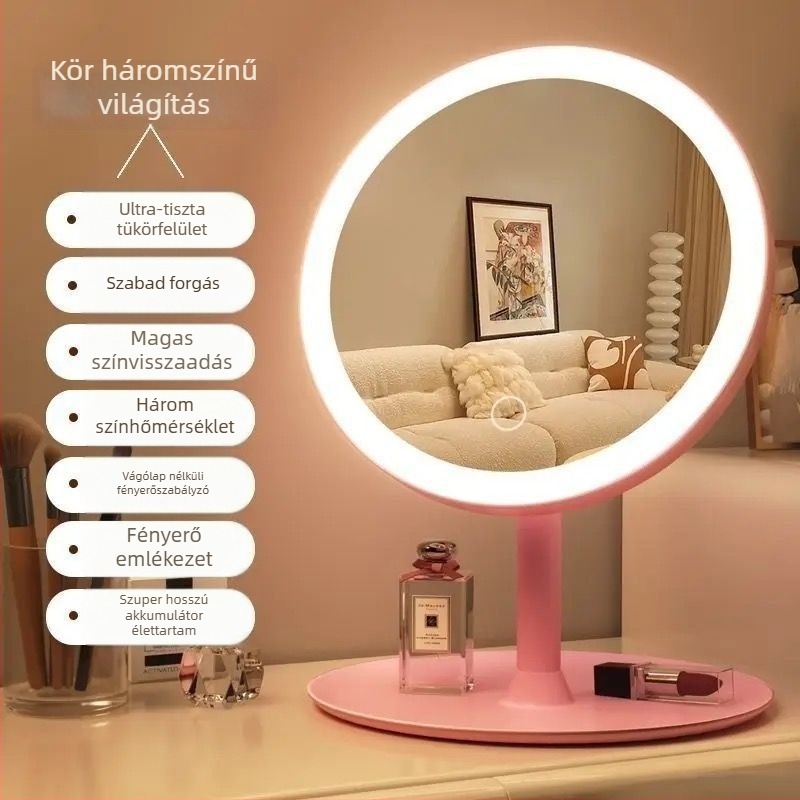 LED sminktükr világítással, asztali használatra, ABS keret, üveglencse, USB töltés
