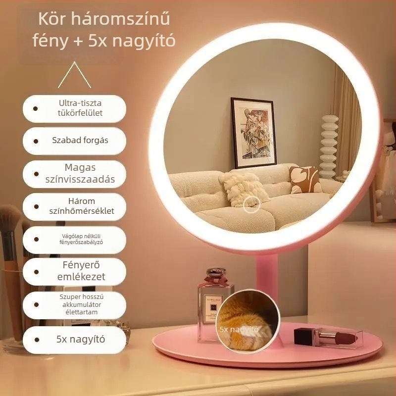 LED sminktükr világítással, asztali használatra, ABS keret, üveglencse, USB töltés