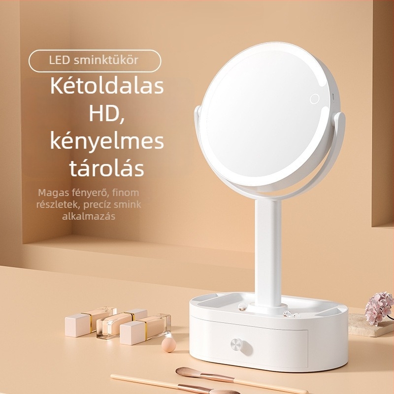 Okos LED kétoldalas sminktükör világítással, asztali forgatható, fiókos tároló