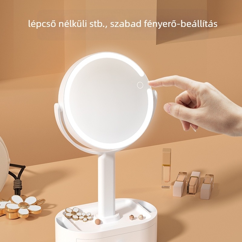Okos LED kétoldalas sminktükör világítással, asztali forgatható, fiókos tároló