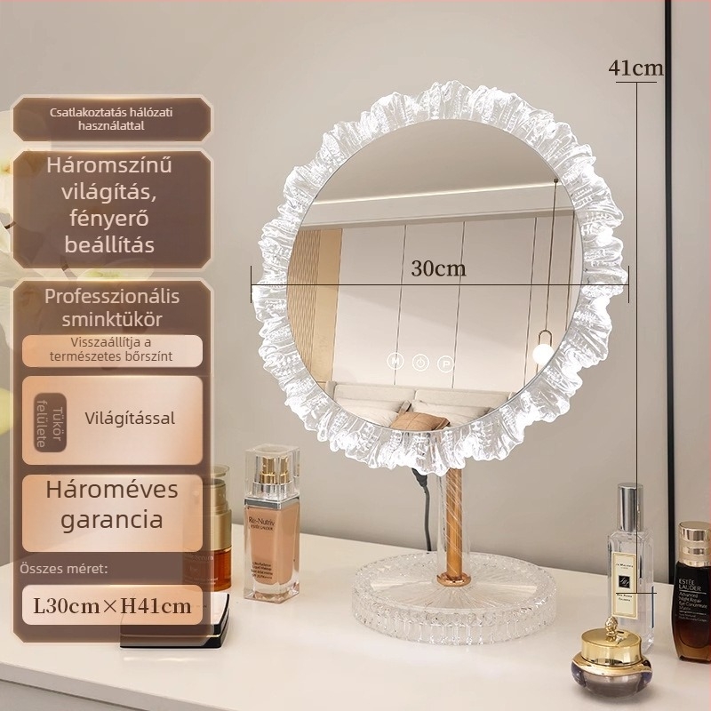 LED világításos kozmetikai tükör, különleges alakú asztali sminktükör, forgatható, érintéses intelligens vezérlés