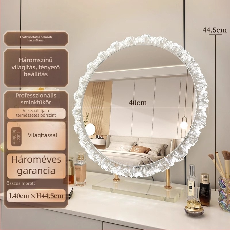 LED világításos kozmetikai tükör, különleges alakú asztali sminktükör, forgatható, érintéses intelligens vezérlés