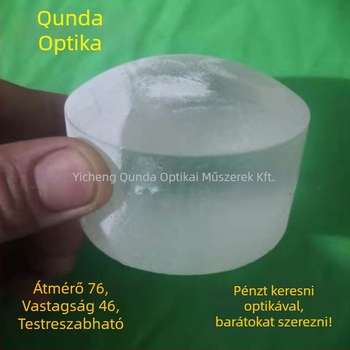 Optikai üveg lencse blank plano-konvex, konvex és konkáv lencsékre, fényvezető oszlop autólámpához; márka Qunda optics; modell K9-67*46; alkalmazási terület: projektor autó világítás, fényvezető oszlop; blank méret-tolerancia ±0,15 mm