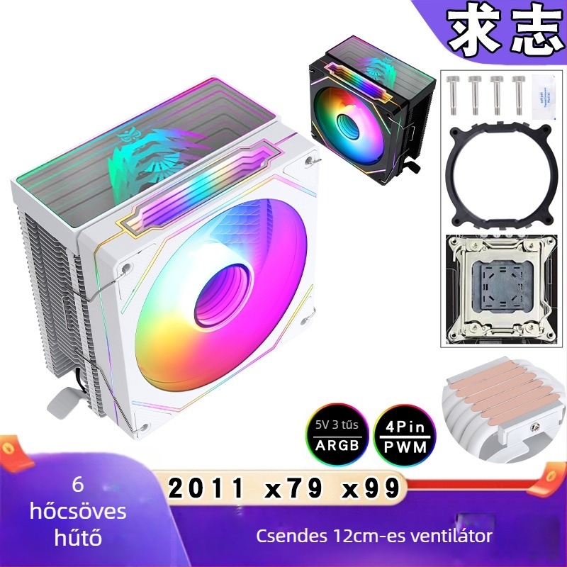 CPU hűtő levegőhűtéses, hat hőcsővel, torony-stílusú X79/X99, ARGB prizma, 12 cm-es csendes PWM ventilátor