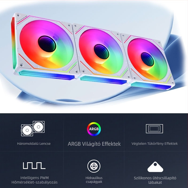 PC ház hűtőventilátora ARGB világítással, PWM szinkronos vezérléssel, intelligens hőmérséklet-szabályozás, hidraulikus csapágy, levegőhűtés