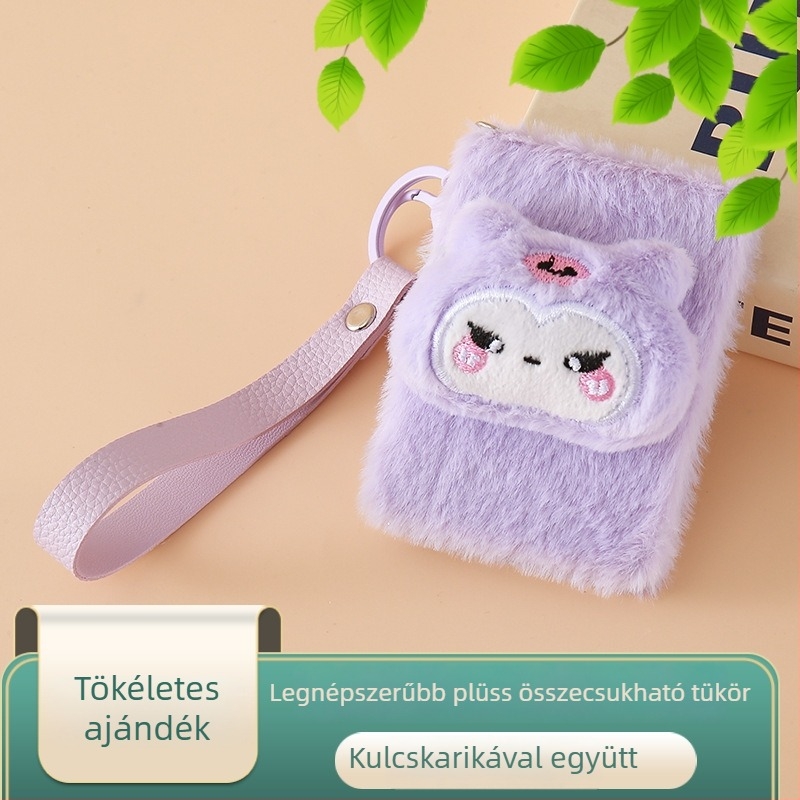 téglalap alakú plüss medve, kettős oldalú asztali tükör, pánttal, összehajtható, hordozható — ABS keret, alumínium lencse