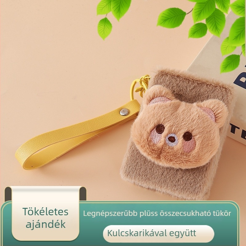 téglalap alakú plüss medve, kettős oldalú asztali tükör, pánttal, összehajtható, hordozható — ABS keret, alumínium lencse