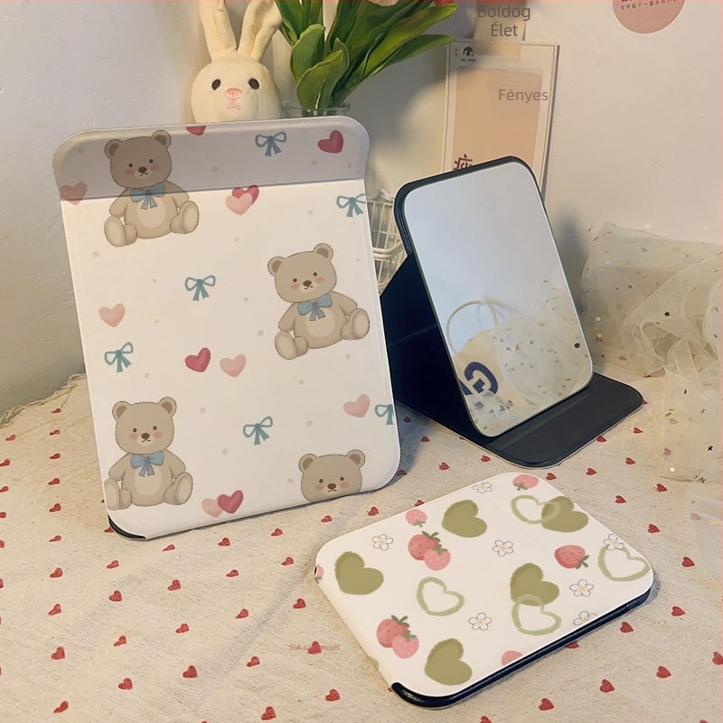 Aranyos kiskutya és macska sminktükör, hordozható, összecsukható asztali tükör bőrszerű felülettel