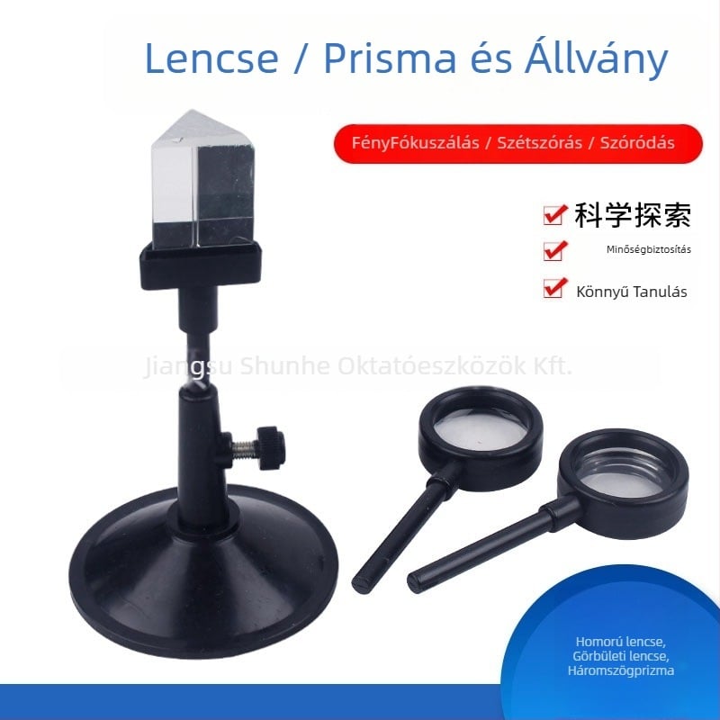 Fizikai optika kísérleti készlet: lencsék, prizmák és tartó (Modell 29038; Anyag: műanyag; Márka: Full-belly warp fiber)