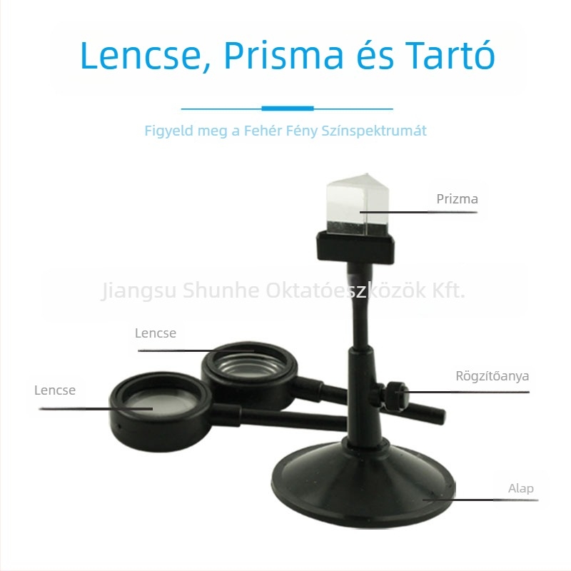 Fizikai optika kísérleti készlet: lencsék, prizmák és tartó (Modell 29038; Anyag: műanyag; Márka: Full-belly warp fiber)