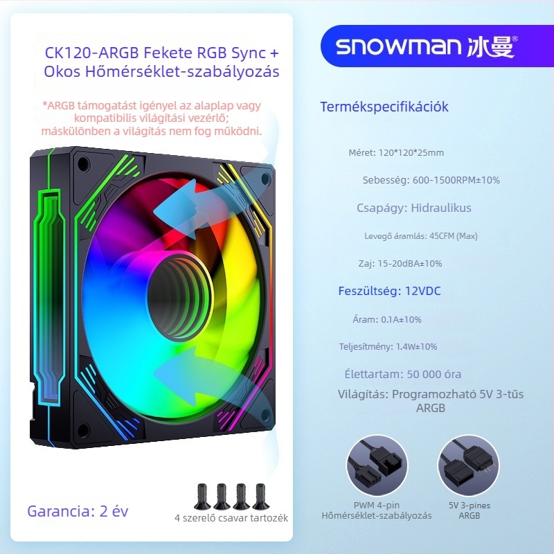 Snowman EK120-ARGB házventilátor ARGB szinkronizációval, hidraulikus csapágy, 12V, 800–1600 RPM, 15–20 dBA