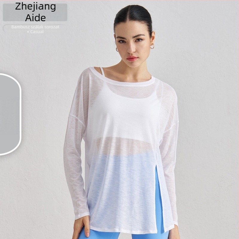 Női jóga fedőfelső, hosszú ujjú, laza szabás, slub szálú anyag, 100% poliészter, hasíték a szegélyen