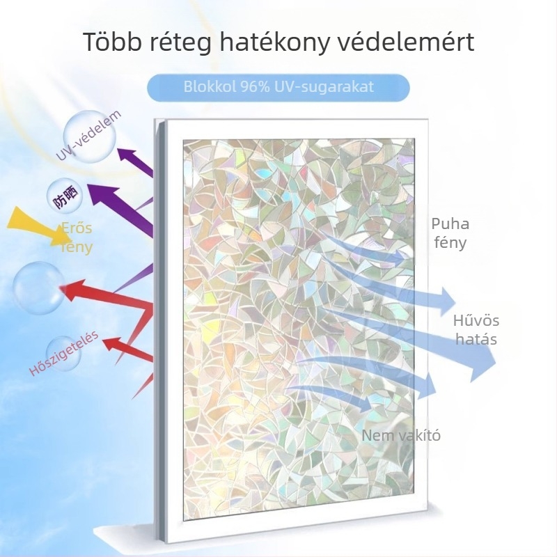 Iridezáló geometriai absztrakt PVC ablakfólia statikus ragasztóval – modern minimalist stílusú üveg