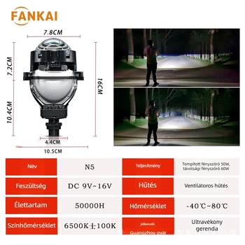 N5 LED autó fényszóró kettős lencsével, 3 hüvelyk, 12–24V, 60W, kompatibil H4/H7/H11