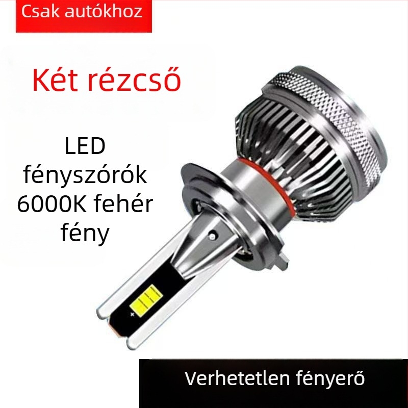 H7 LED Autófényszóró kettős rézcsővel, integrált Lencsével a távoli és közeli fényszóráshoz, 60W 12V 6000 lm, IP68, repülőgépipari alumínium