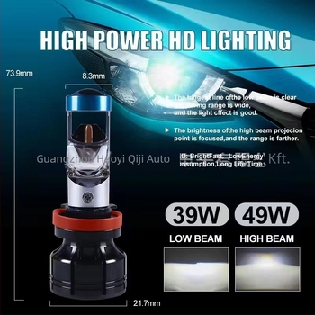 LED kettős lencsés fényszóró motorkerékpárok és autók számára, 12V, 49W/39W, 5000 lm, 50000 h, alumíniumötvözet test és üveglencse