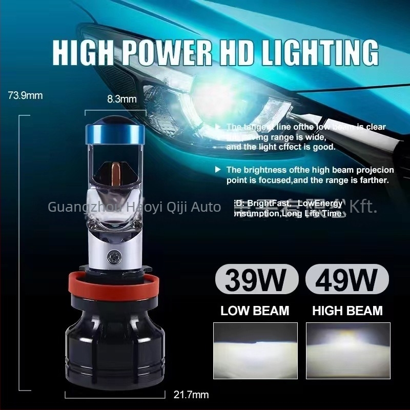 LED kettős lencsés fényszóró motorkerékpárok és autók számára, 12V, 49W/39W, 5000 lm, 50000 h, alumíniumötvözet test és üveglencse