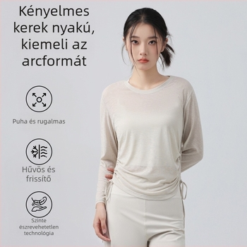 Női jóga felső hosszú ujjú, húzózsinóros, laza szabású, csípőig érő, 100% poliészter, lélegző és gyorsan száradó — Ősz 2025