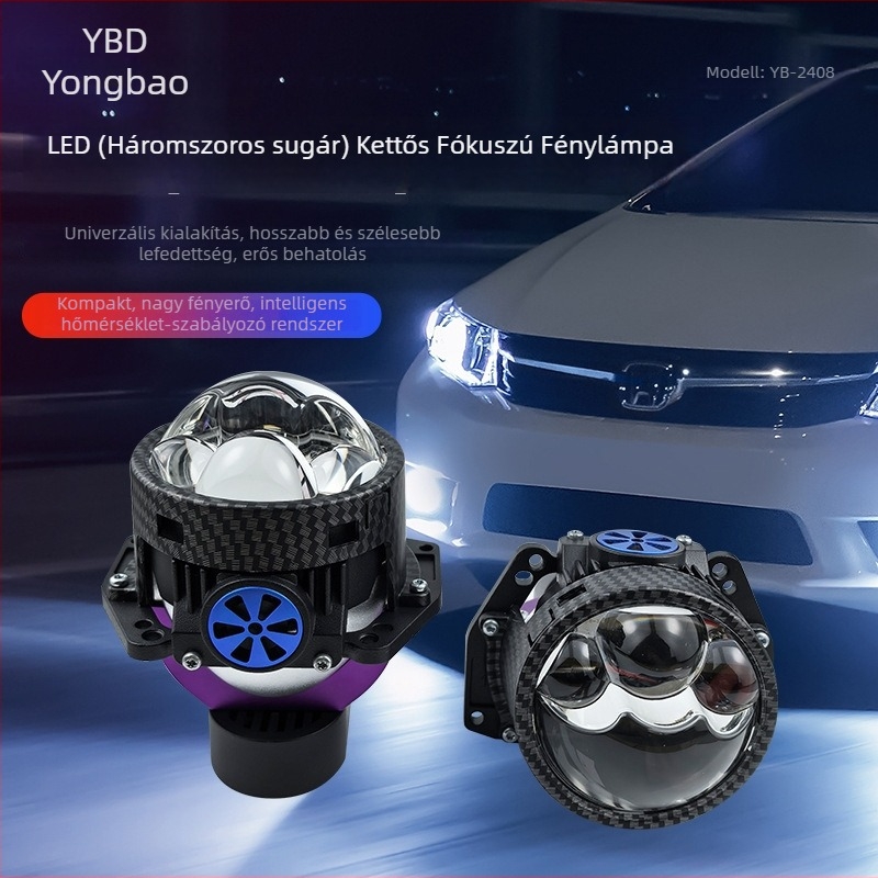 Autó elsőfényszóró – 3 LED, közvetlen fénysugár, kettős lencse, kettős ventilátor, 12V