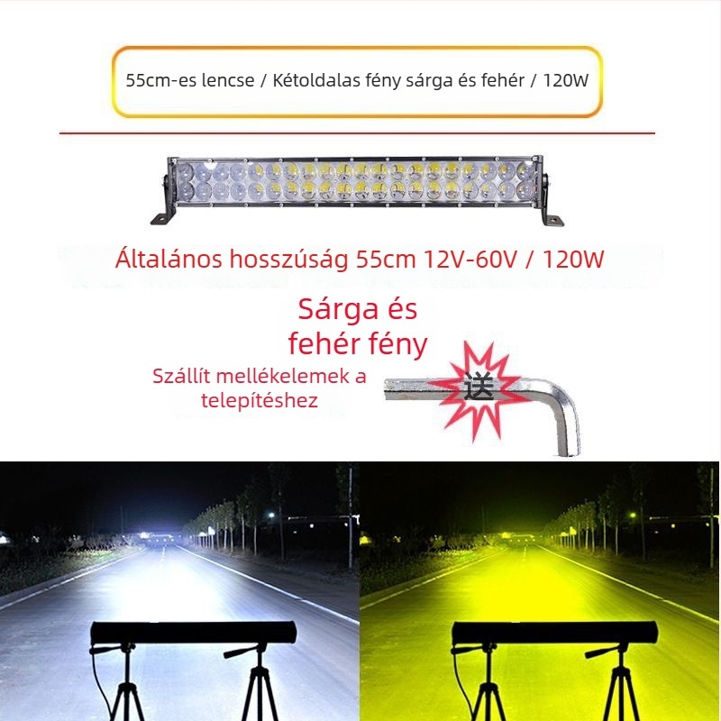 Két soros LED reflektor autókhoz és terepjárókhoz, domború lencsékkel, 120W, 12-60V, vízálló