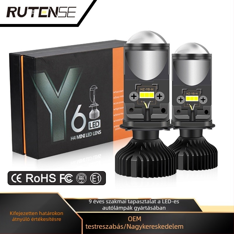 Y6D LED autólámpa kettős fényvetővel, H4 lencsével, univerzális illeszkedés, 3800 lm, 60W, alumínium ház