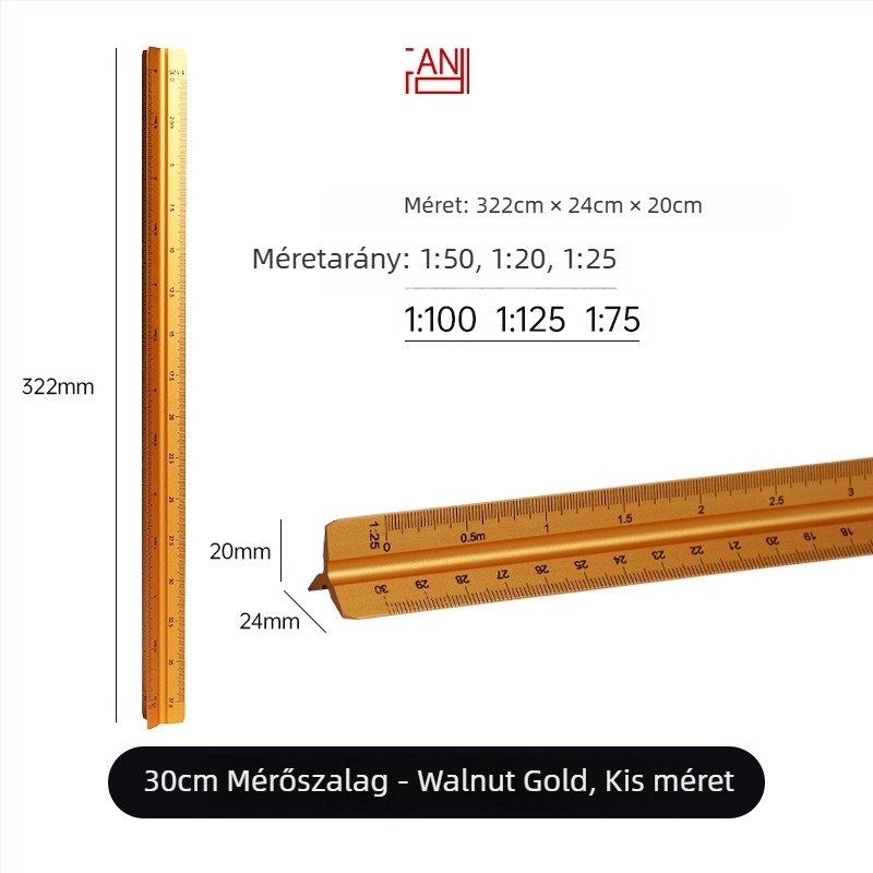 Alumínium ötvözetből készült háromszögletű vonalzó centiméter skálával, nettó tömeg 20 g, egyedi csomagolás