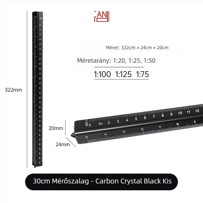Alumínium ötvözetből készült háromszögletű vonalzó centiméter skálával, nettó tömeg 20 g, egyedi csomagolás