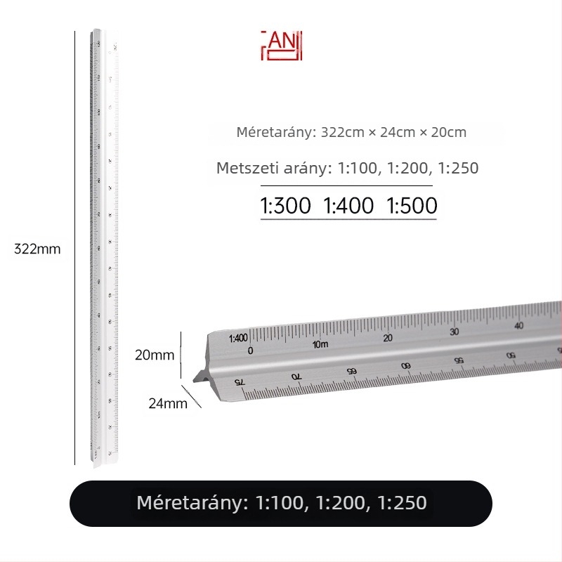 Alumínium ötvözetből készült háromszögletű vonalzó centiméter skálával, nettó tömeg 20 g, egyedi csomagolás