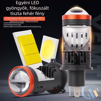 H4 lézer lencsés fényszóró integrált magas/alacsony fényerővel, LED 55W, 12V, 5000–5500 lm, IP65, alumínium ház, 50 000 órás élettartam