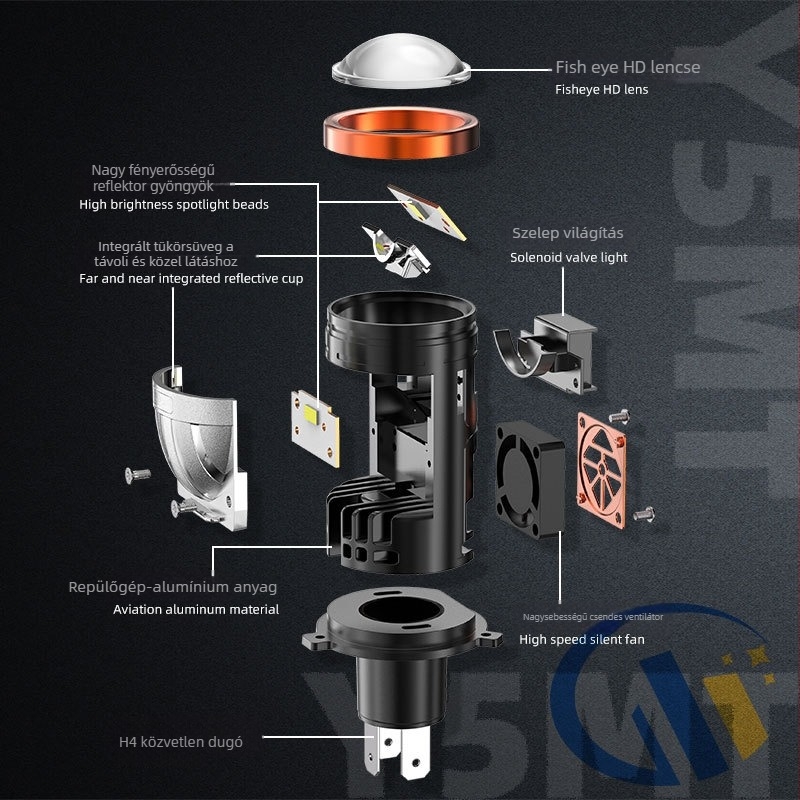 H4 lézer lencsés fényszóró integrált magas/alacsony fényerővel, LED 55W, 12V, 5000–5500 lm, IP65, alumínium ház, 50 000 órás élettartam