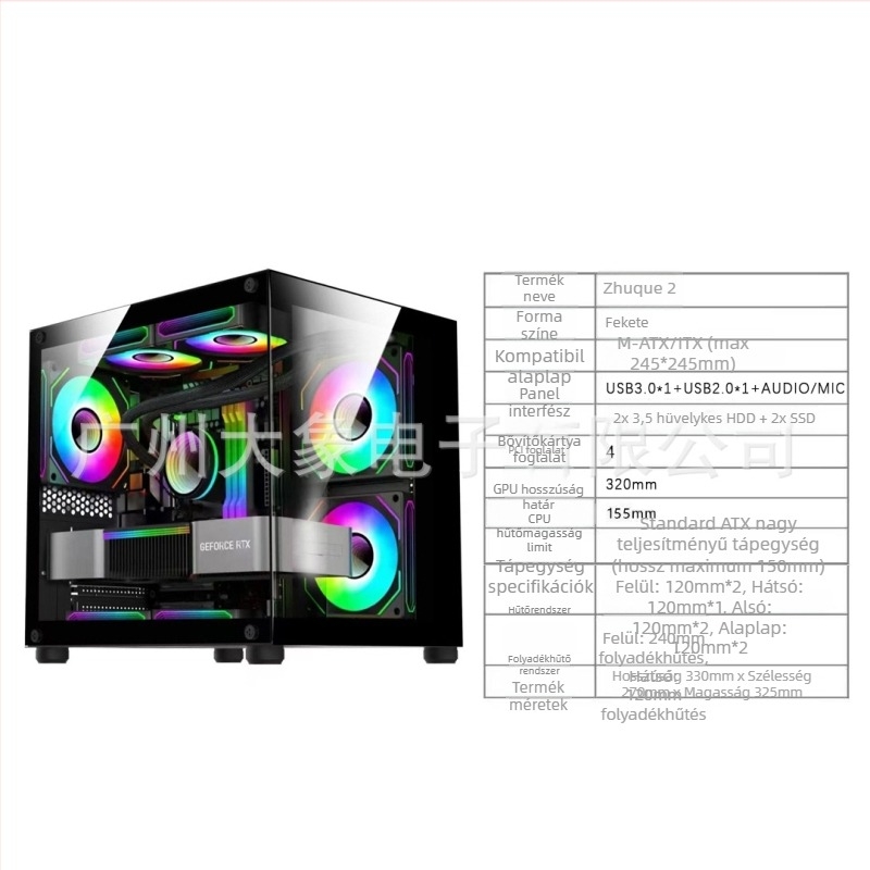 Oszlopmentes prizmás mini PC-ház — MicroATX kompatibilis, vízhűtés, oldalsó átlátszó panel