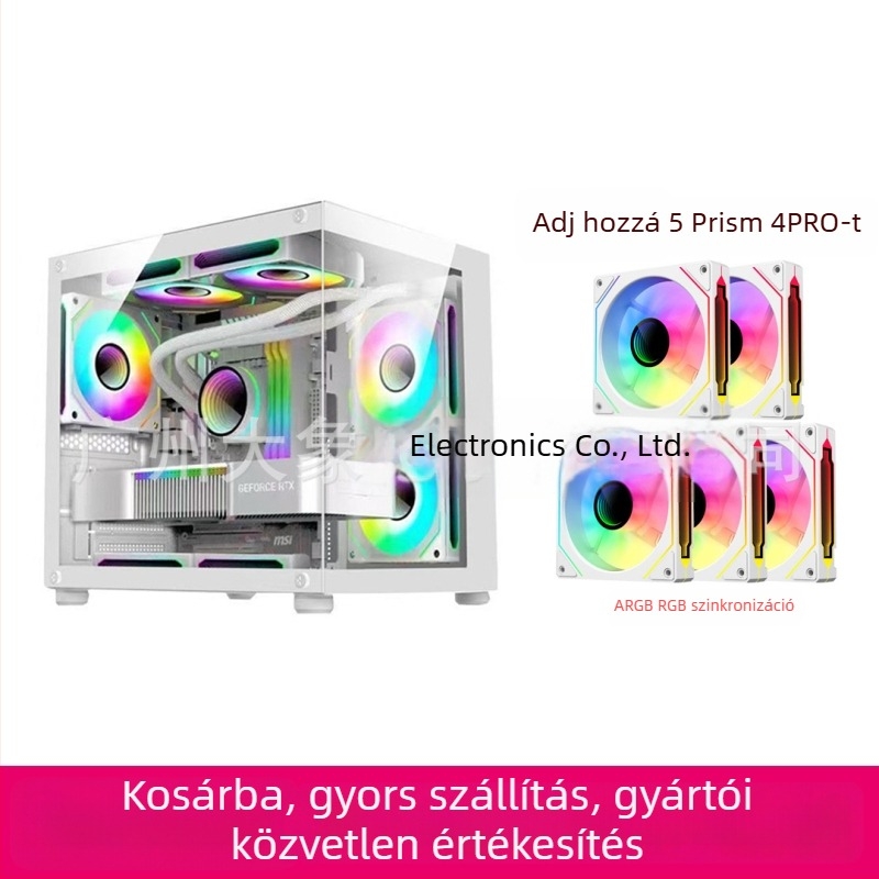 Oszlopmentes prizmás mini PC-ház — MicroATX kompatibilis, vízhűtés, oldalsó átlátszó panel