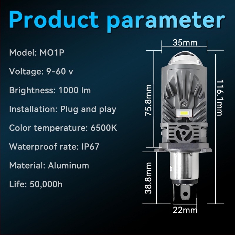 M01P H4 inline LED fényszóró, kettős fényforrás, magas és alacsony fény, 6500 lm, 65 W, 12-24 V