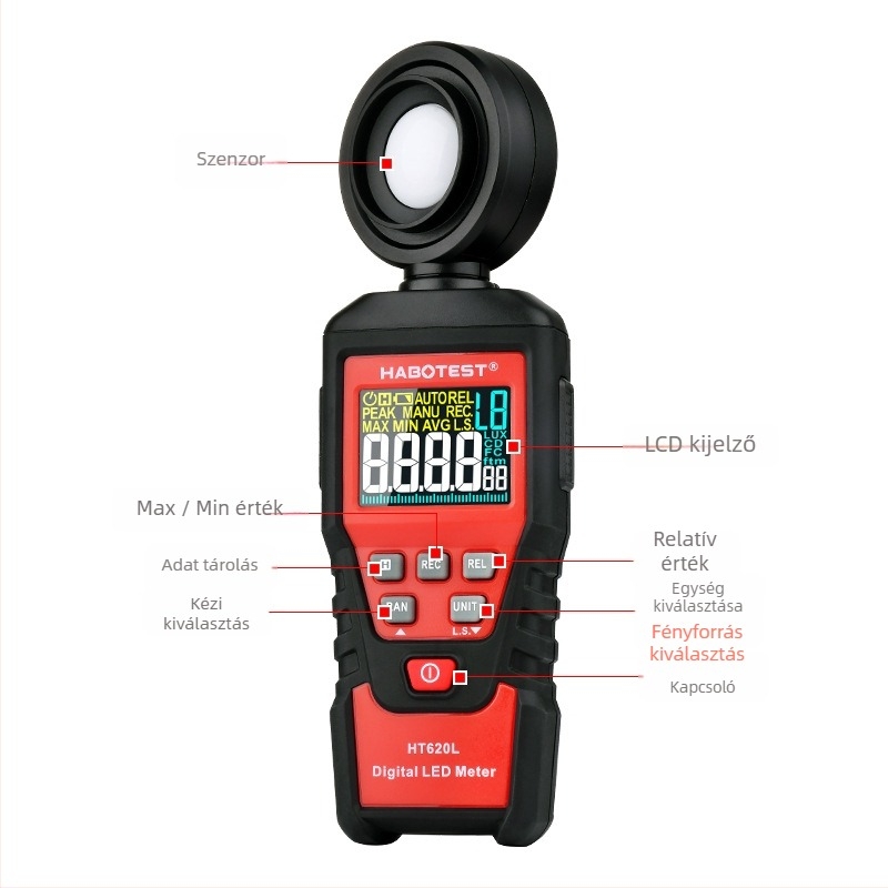 HABOTEST HT620L Digitális világosságmérő, nagy pontosságú fotometriai mérőműszer, 3×1.5V AAA elemekkel
