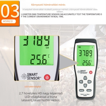 AS823 digitális fényerősség mérő, kézben tartható, Hima; mérési tartomány 1–200000 lux; felbontás 1 lux; mintavételi gyakoriság 2 s; tápegység 9V elem