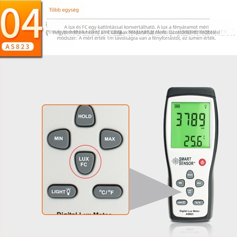 AS823 digitális fényerősség mérő, kézben tartható, Hima; mérési tartomány 1–200000 lux; felbontás 1 lux; mintavételi gyakoriság 2 s; tápegység 9V elem