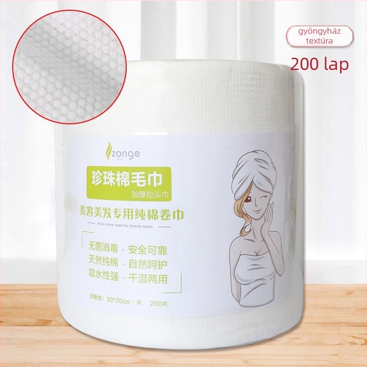 Egyszer használatos hajszárító törölköző tekercsek kozmetikai szalonok és fodrászatok számára, rendkívül nedvszívó, vastag nedvszívó törölközők nem-szőtt anyagból, egyszerű szövésű (nem-szőtt anyag; pamut 70% / 30% tartalom; nedvszívás 16–20 mp; egyszerű s