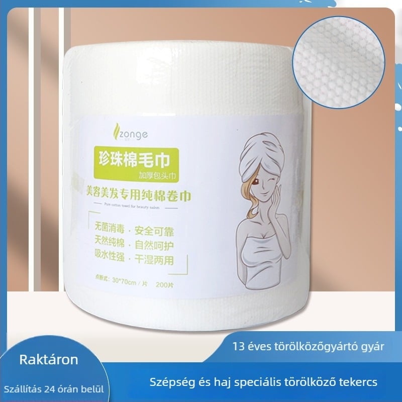 Egyszer használatos hajszárító törölköző tekercsek kozmetikai szalonok és fodrászatok számára, rendkívül nedvszívó, vastag nedvszívó törölközők nem-szőtt anyagból, egyszerű szövésű (nem-szőtt anyag; pamut 70% / 30% tartalom; nedvszívás 16–20 mp; egyszerű s